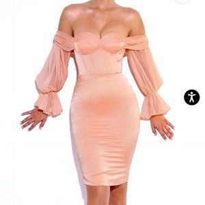 Miss Circle | Lydia Blush Satin Off Shoulder Puff Sleeve Dress